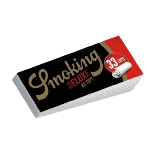 Close-up view of King Size Black Smoking Deluxe Filter Tips in a display box, showcasing their sleek design and premium quality.