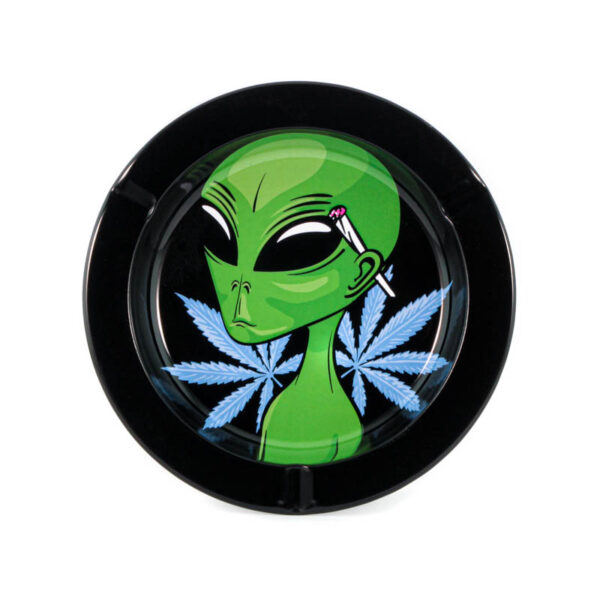 Compact and durable Alien Metal Ashtray, also known as Metal Tin Alien Ashtray, made from high-quality, waterproof, and heat-resistant metal, measuring 13x2cm, available in bulk with 12 pieces per polybag.